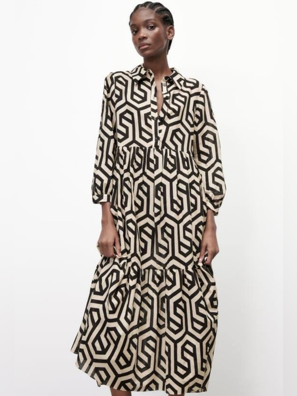 Zara Geometric Print Midi Tunic Dress Black Ecru XL